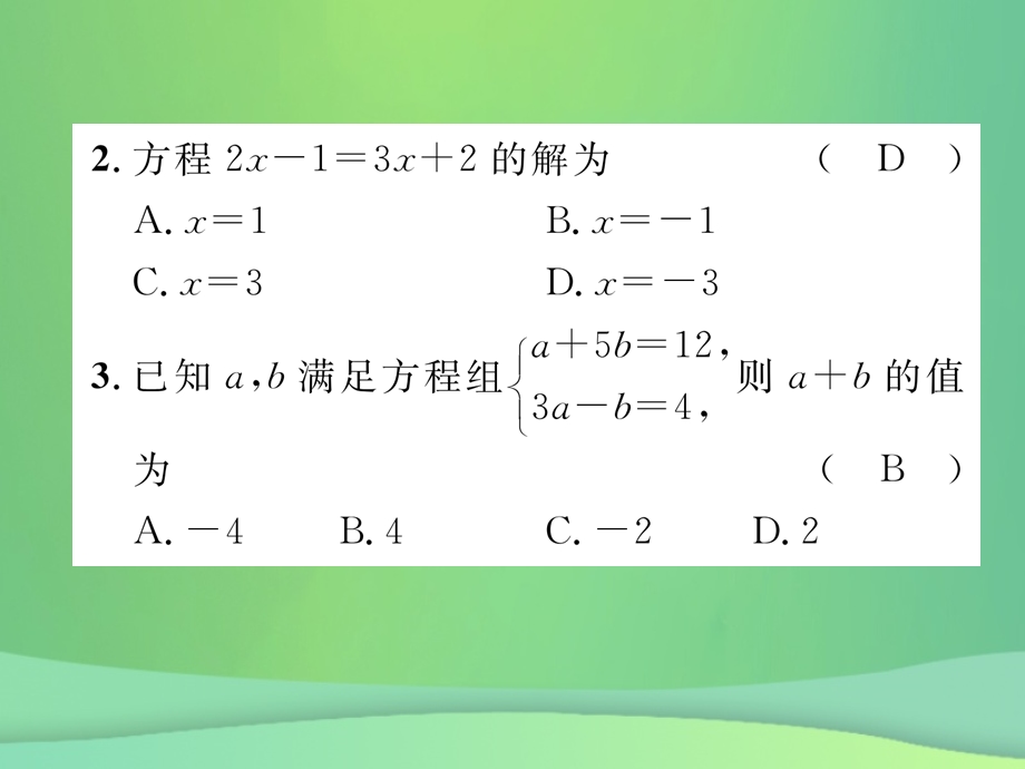 中考数学复习第2章方程组与不等式组第6课时一次方程与方程组精练课件.pptx_第2页