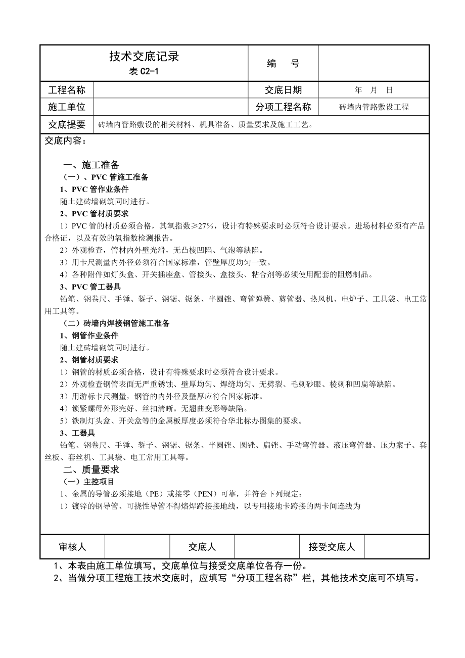 砖墙内管路敷设技术交底记录.doc_第1页