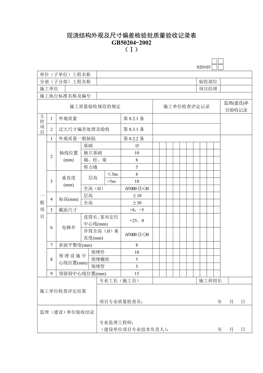 现浇结构外观及尺寸偏差检验批质量验收记录表.doc_第1页