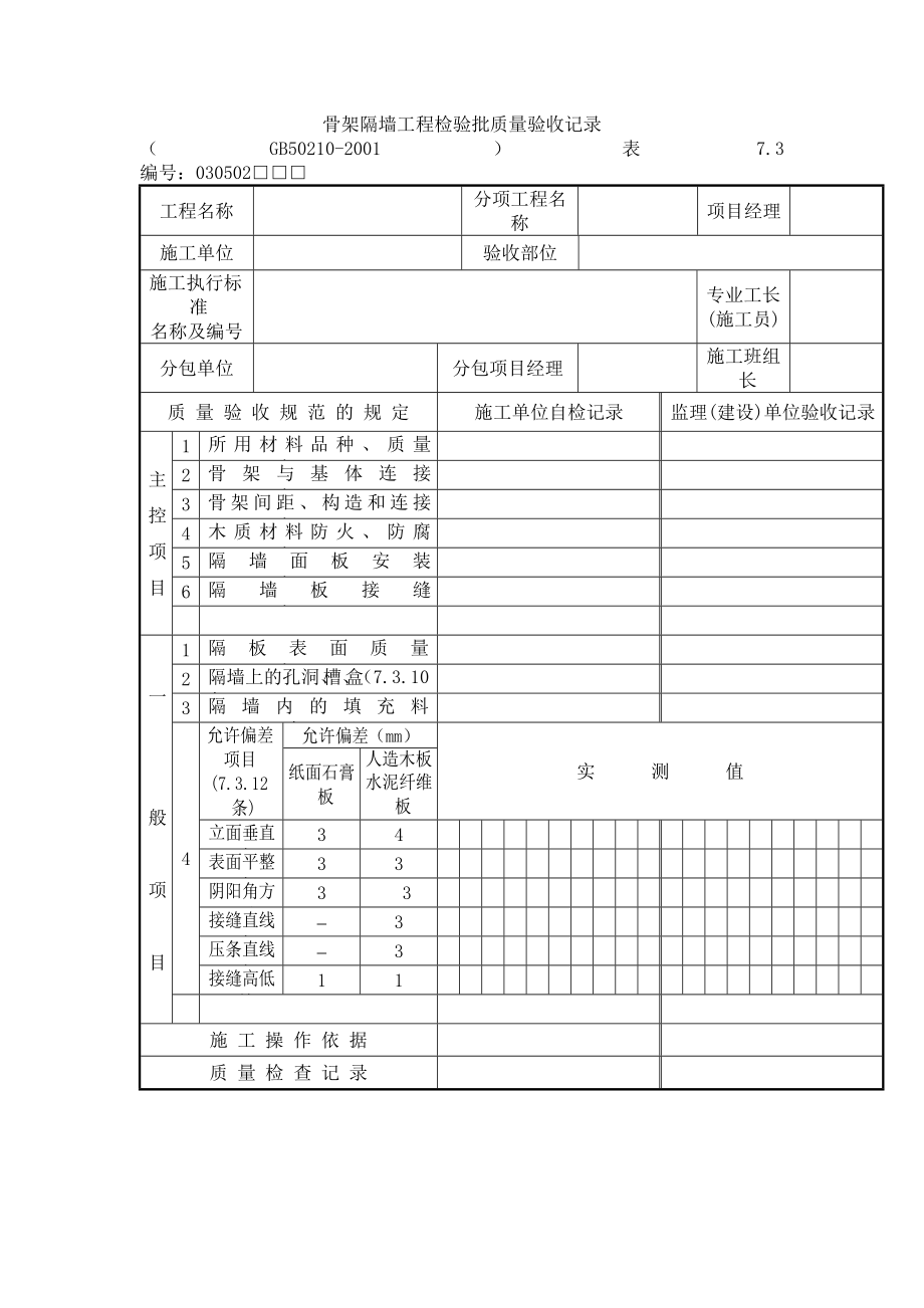 骨架隔墙工程检验批质量验收记录.doc_第1页