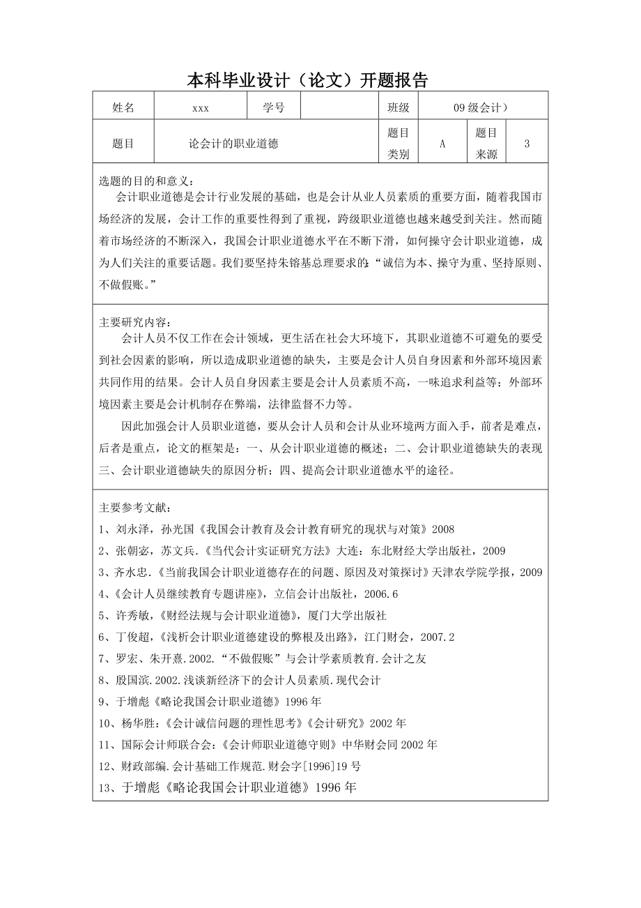 毕业设计开题报告论会计的职业道德.doc_第1页