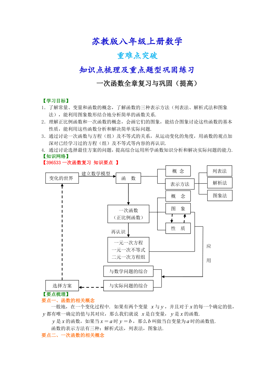 苏教版八年级上册数学一次函数全章复习与巩固（提高）知识点整理及重点题型梳理.doc_第1页