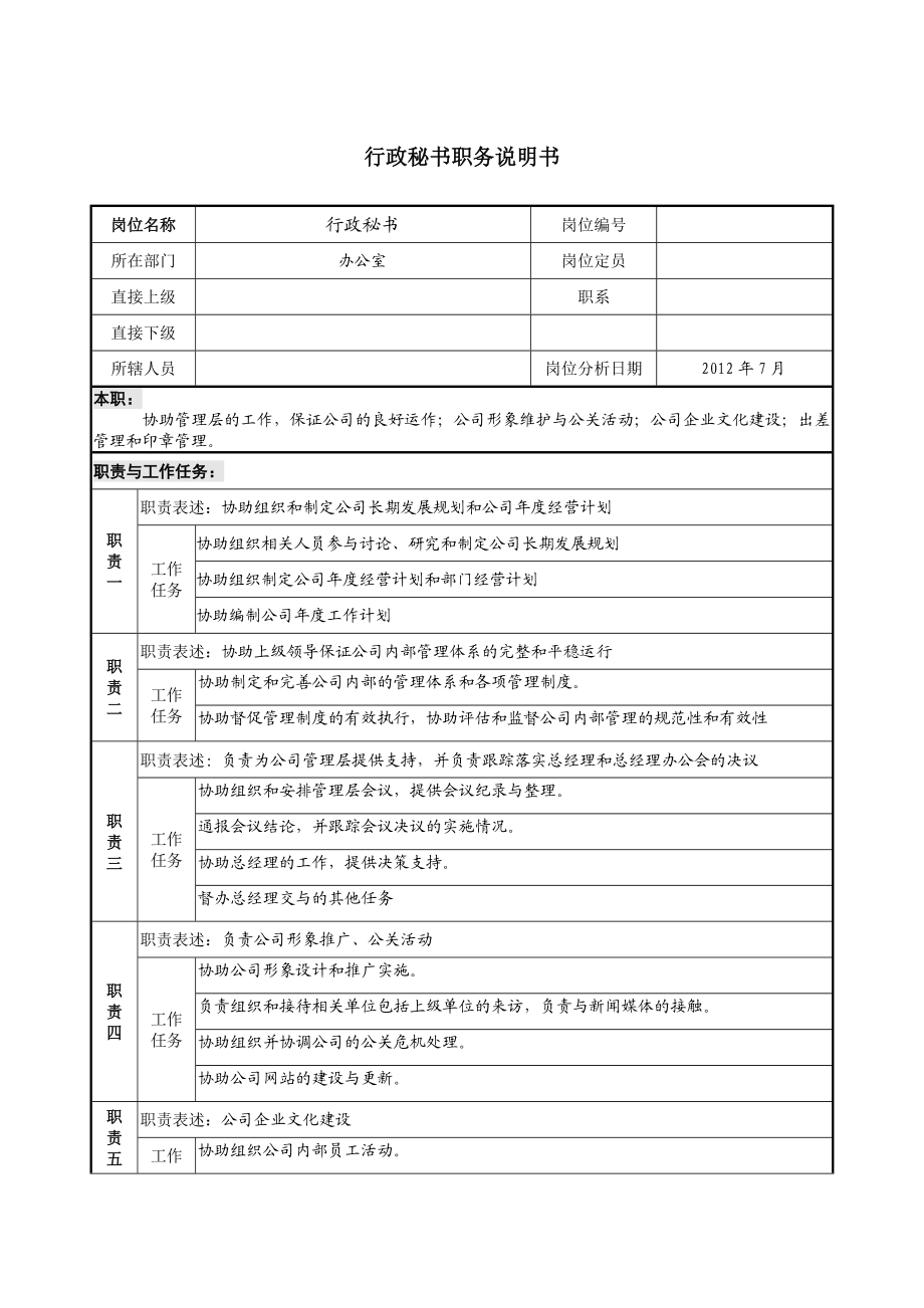 行政秘书职务说明书.doc_第1页