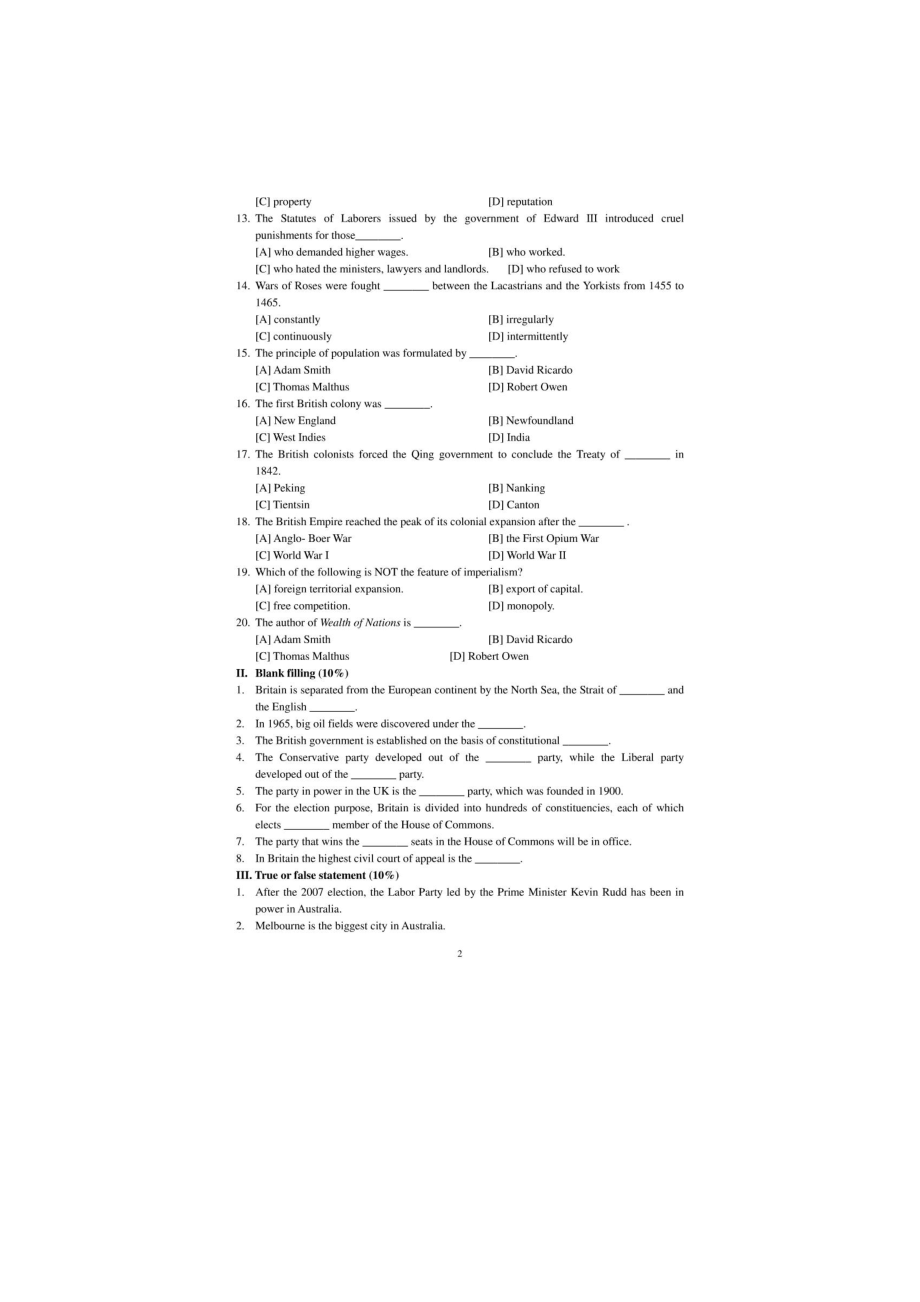 英美国家概况大一下学期 试题B.doc_第2页