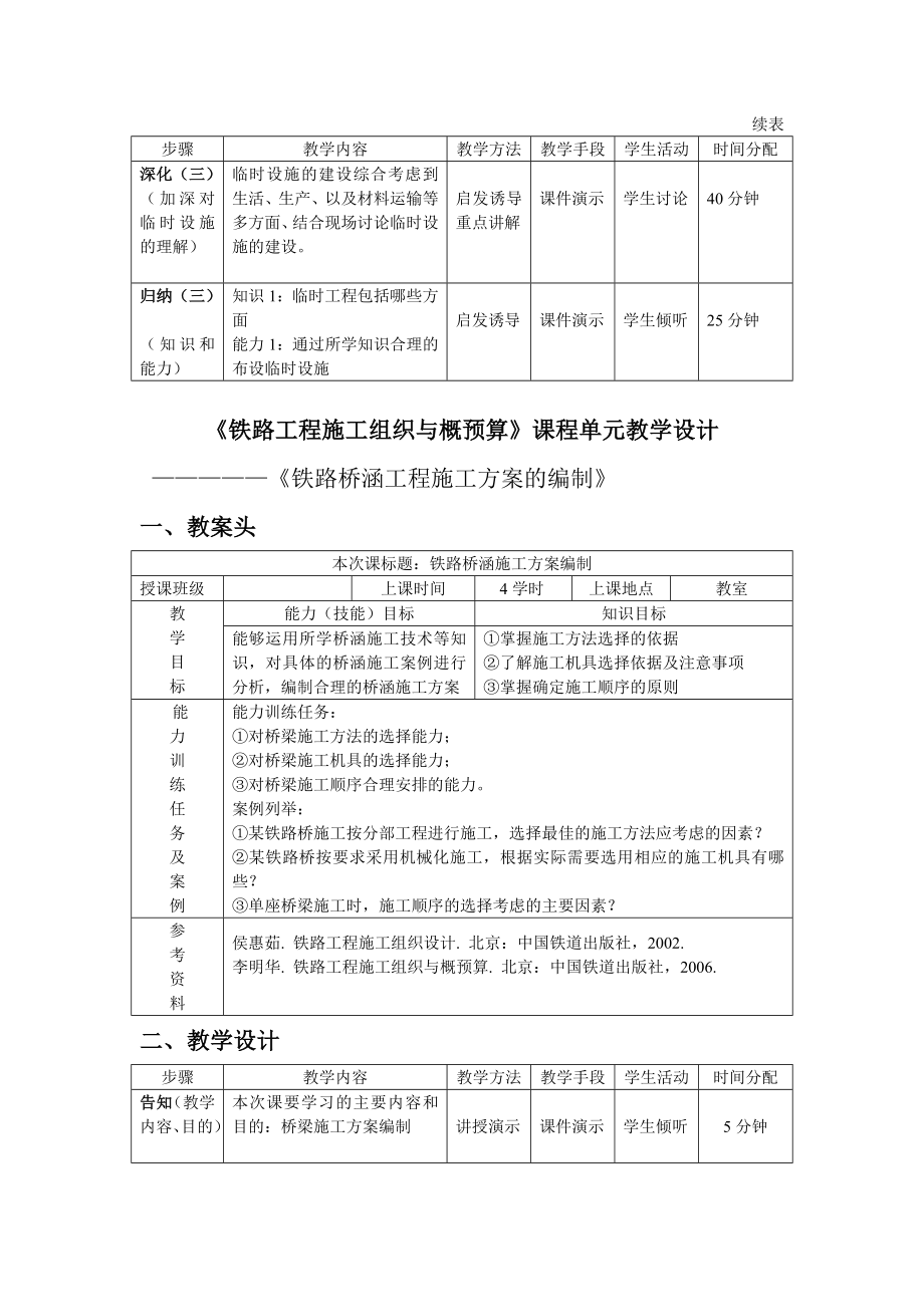 铁路工程施工组织及概预算课程单元教学设计.doc_第3页