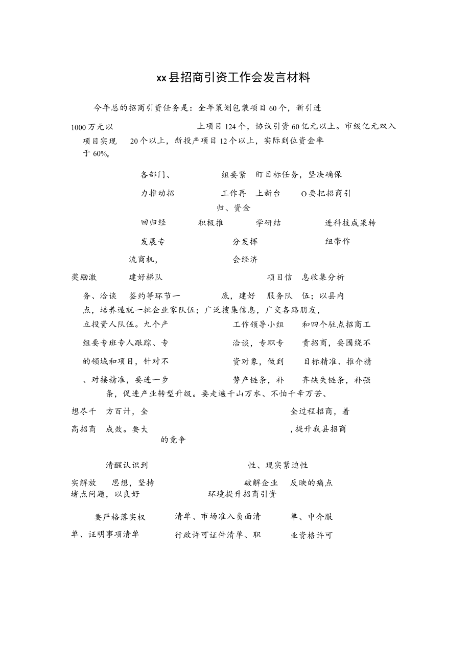 xx县招商引资工作会发言材料.docx_第1页