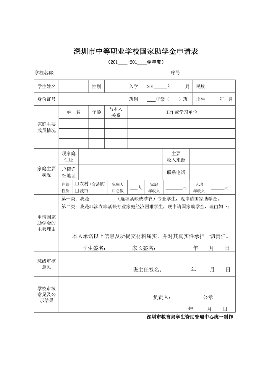 深圳市中等职业学校国家助学金申请表.doc_第1页