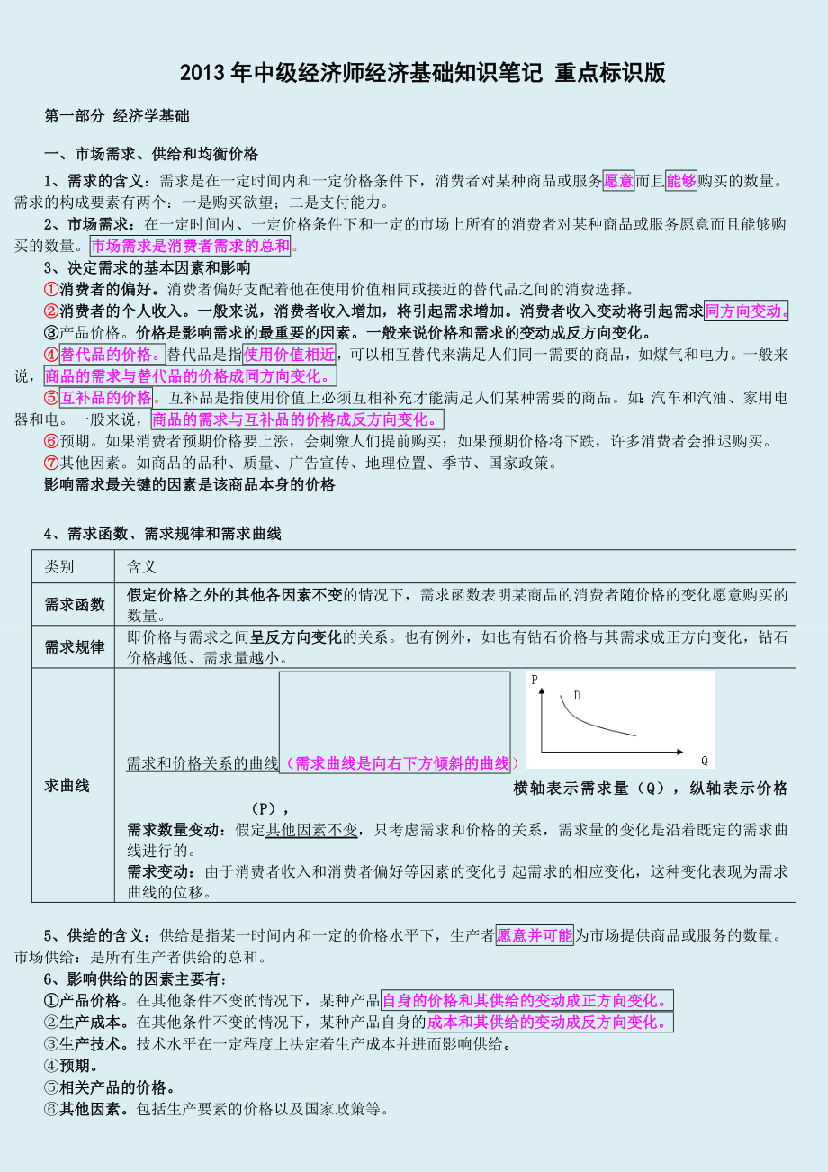 中级经济师 经济基础知识 课堂学习笔记 重点标识版全部.doc_第1页