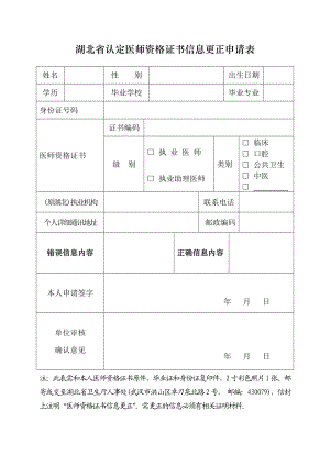 湖北省认定医师资格证书信息更正申请表.doc