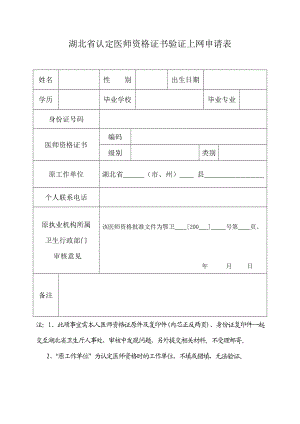 湖北省认定医师资格证书验证上网申请表.doc