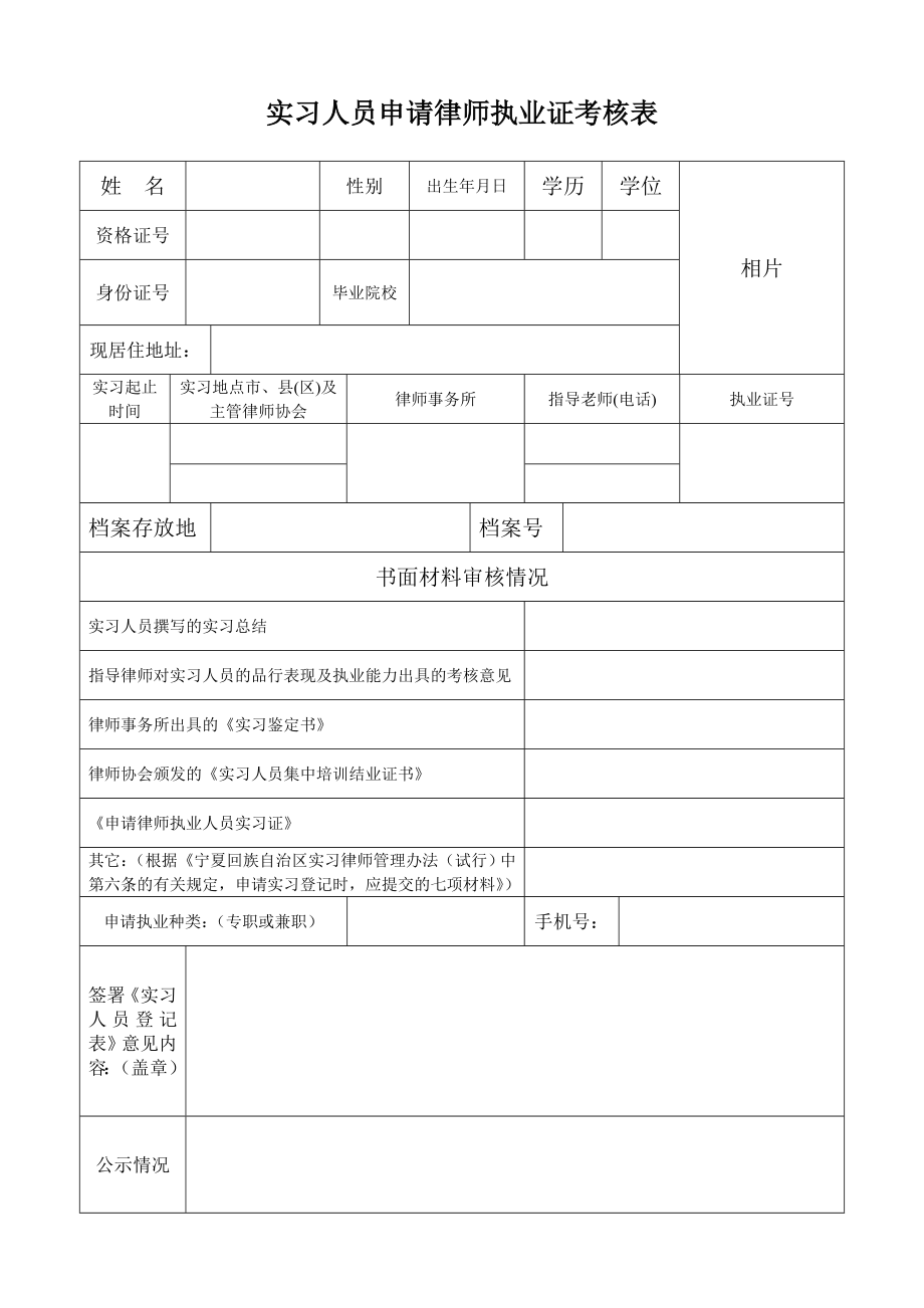 实习人员申请律师执业证考核表.doc_第1页