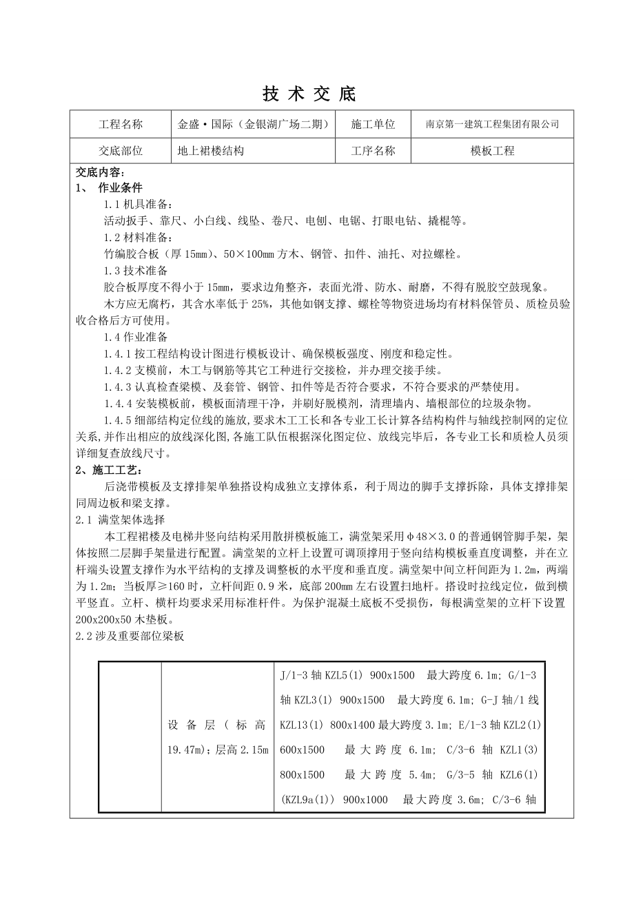 模板施工技术交底专项技术方案设计记录.doc_第1页