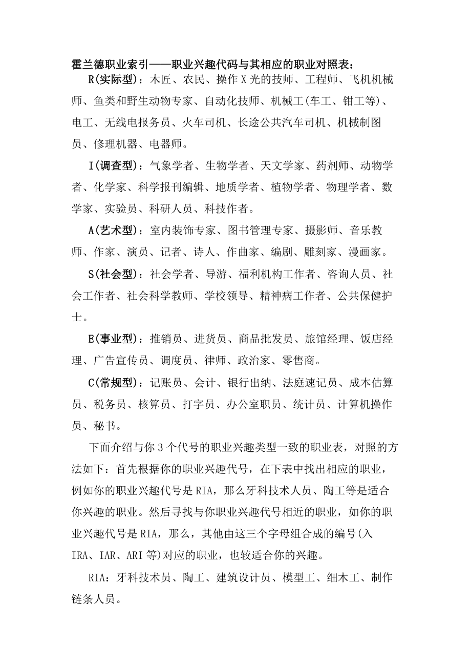 霍兰德职业索引职业兴趣代码与其相应的职业对照表....doc_第1页