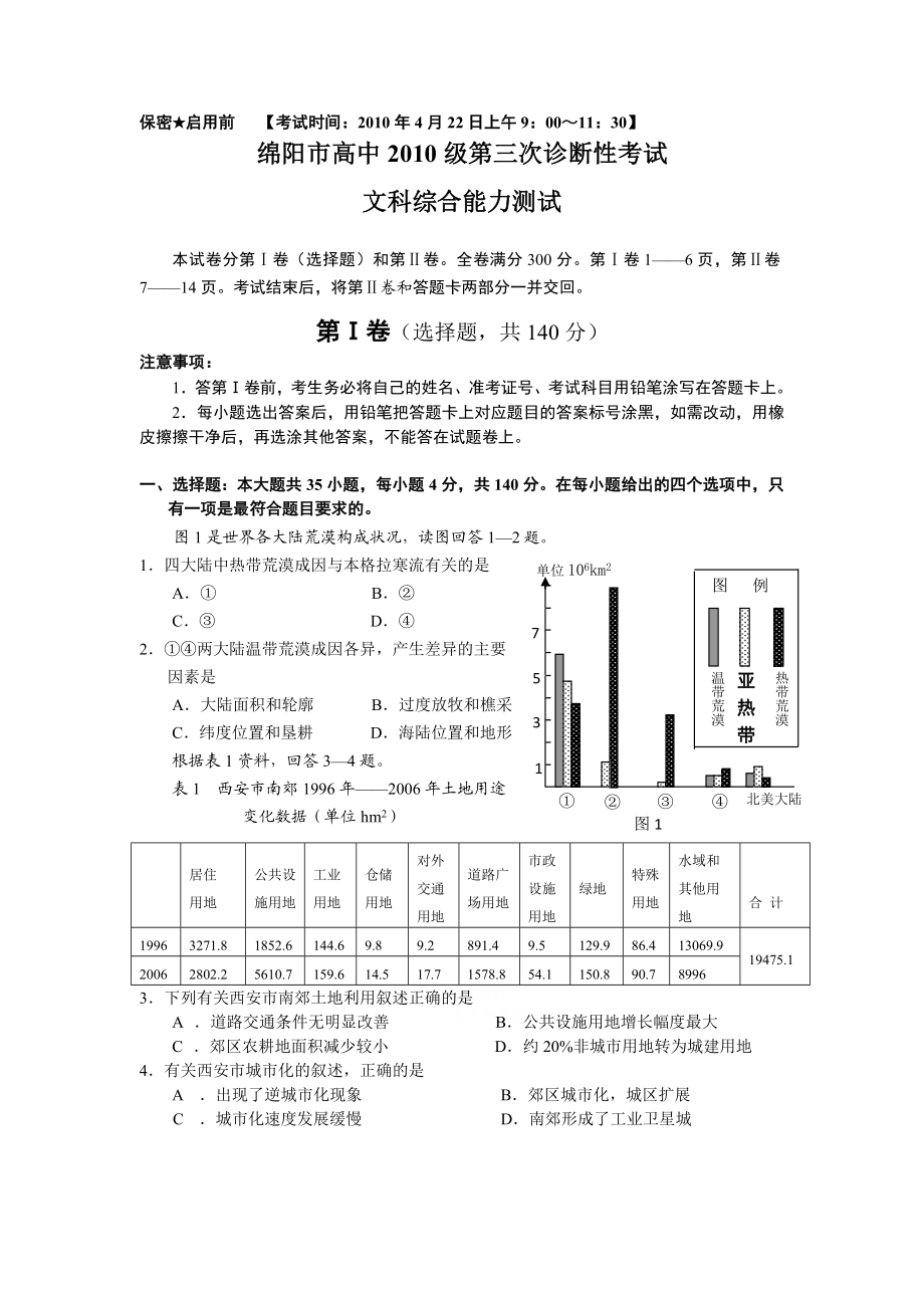 四川省绵阳市高三第三次诊断性考试文综卷.doc_第1页