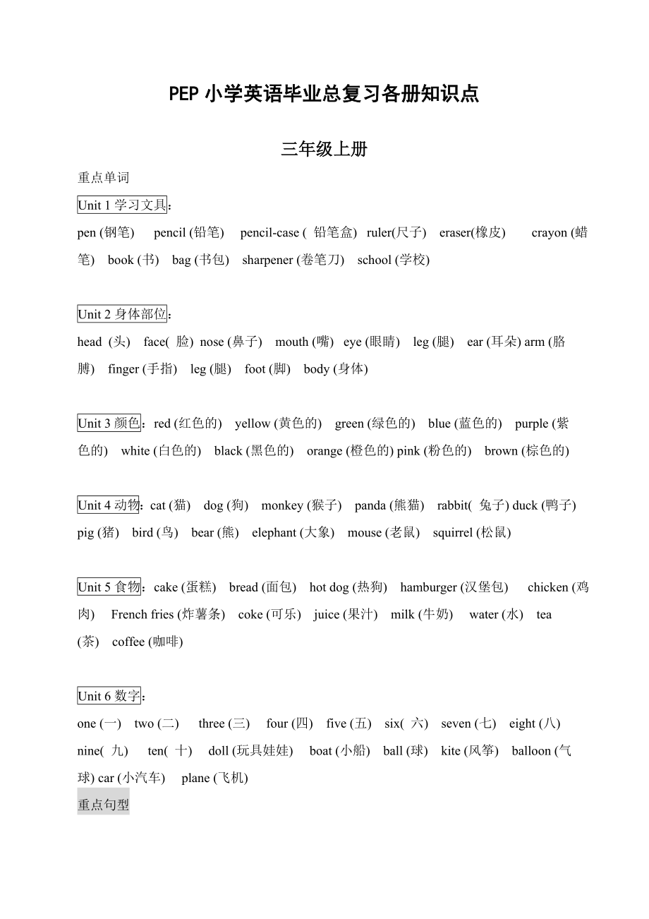 最新小学PEP英语毕业总复习之各册知识点.doc_第1页