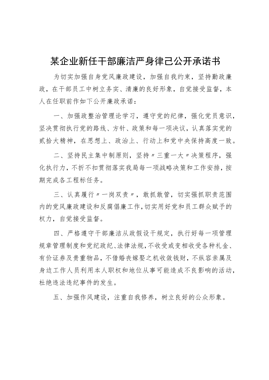 某企业新任干部廉洁自律公开承诺书.docx_第1页