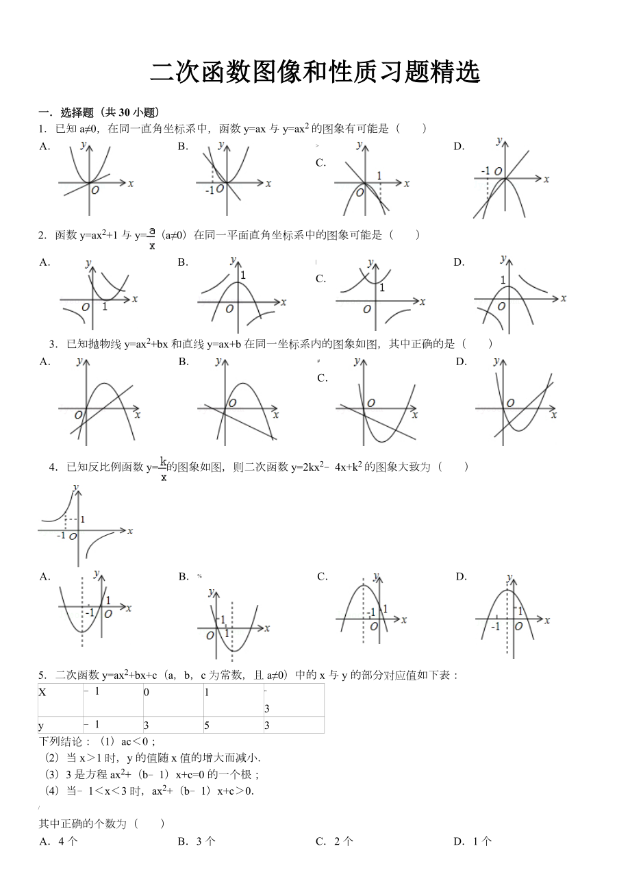 二次函数图像和性质习题精选(含答案).doc_第1页