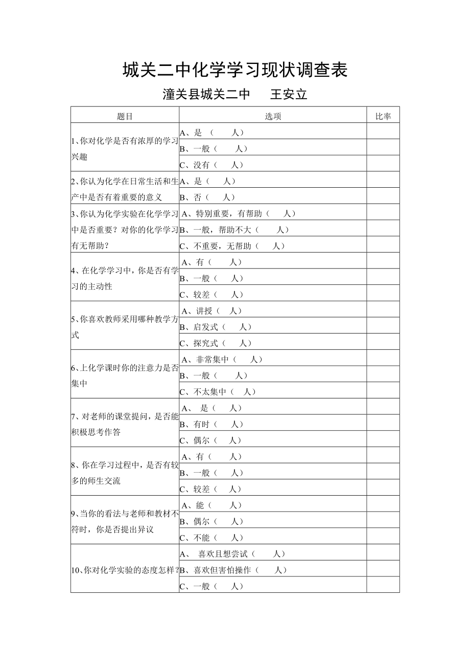 城关二中化学学习现状调查表.doc_第1页