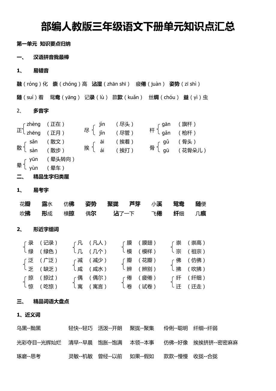 【部编人教版】三年级语文下册总复习单元知识点汇总.doc_第1页