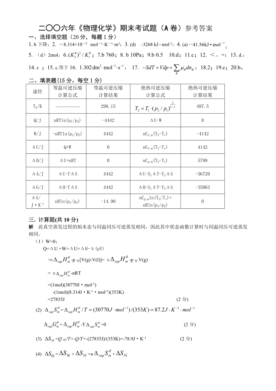 二六《物理化学》期末考试题（A卷）参考答案.doc_第1页