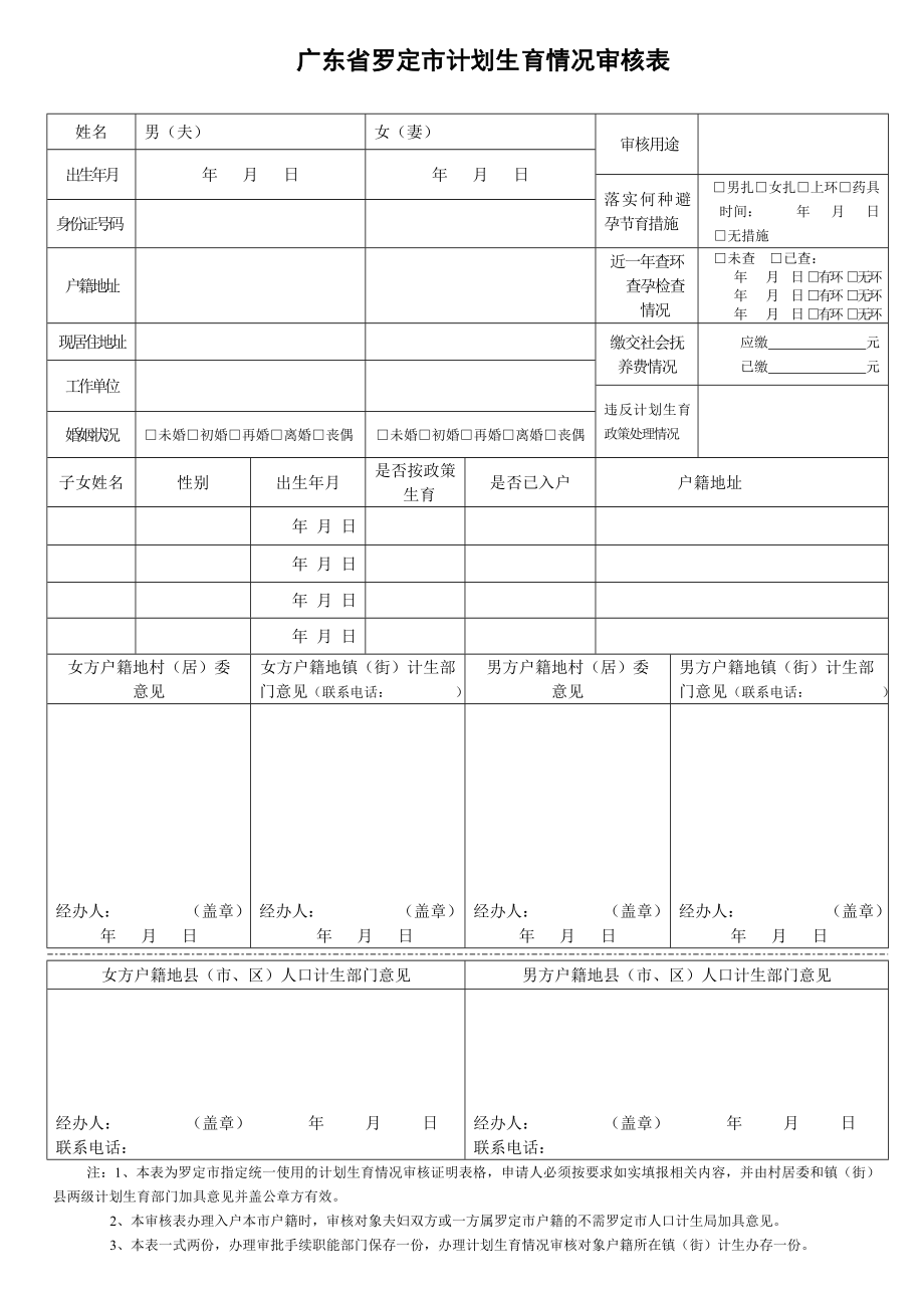 广东省罗定市计划生育情况审核表.doc_第1页