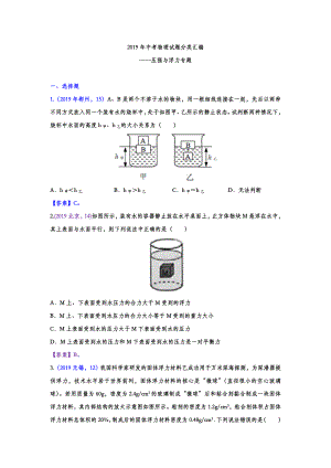 《中考精品》2019年中考物理真题分类汇编——压强与浮力专题(答案版).doc