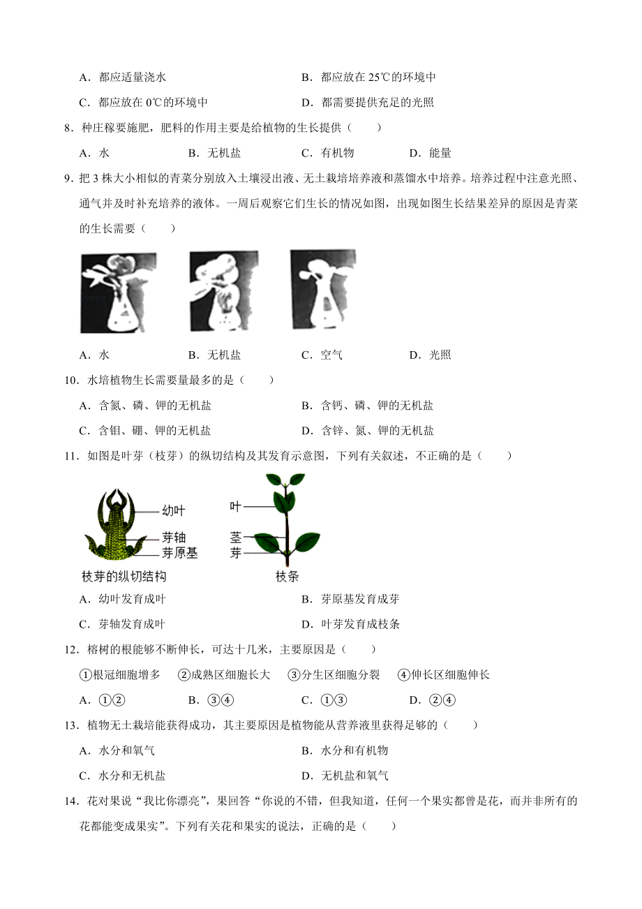 人教版七年级生物上册-第三单元第二章--被子植物的一生--复习题(包含答案).doc_第2页