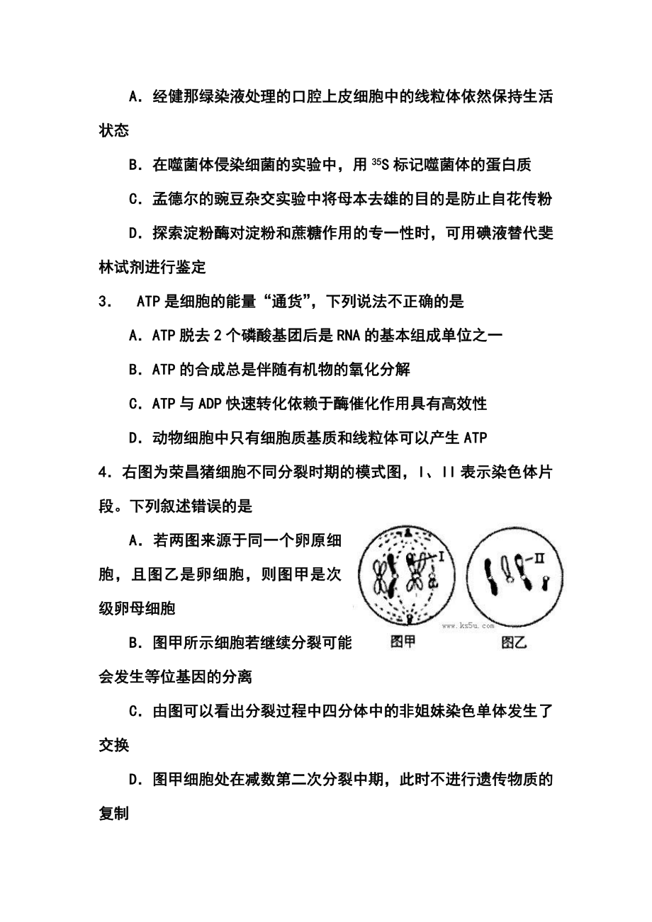 山东省烟台高三3月第一次模拟考试生物试题及答案.doc_第2页