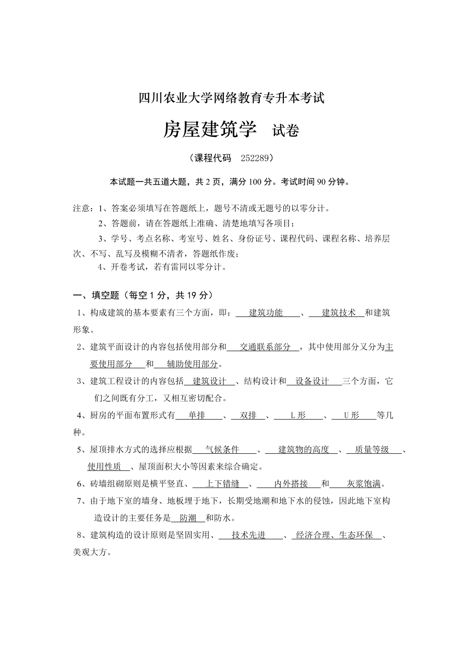 四川农业大学网络教育专升本考试房屋建筑学.doc_第1页