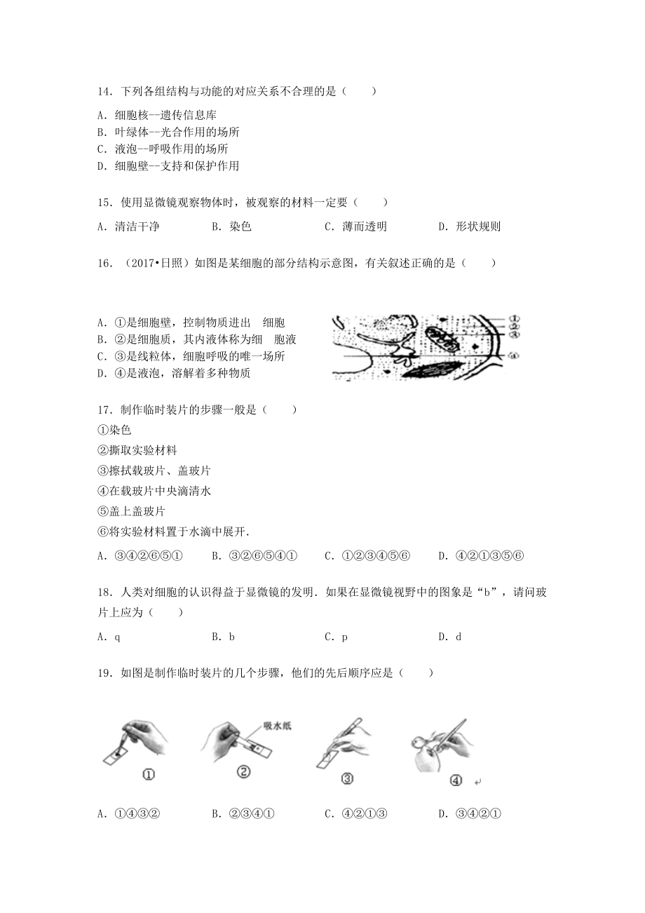 人教版七年级上册生物第二单元第一章第二节植物细胞练习题【word版】无答案.docx_第3页