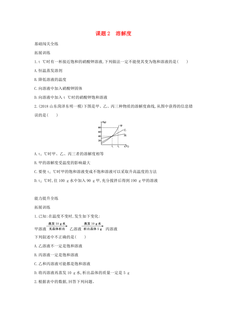 2019春九年级化学下册第九单元溶液课题2溶解度习题练.docx_第1页