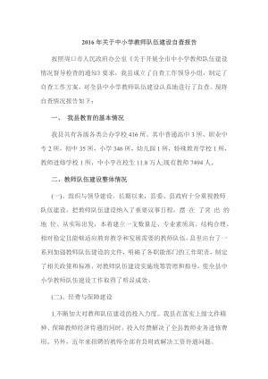 关于中小学教师队伍建设自查报告.doc