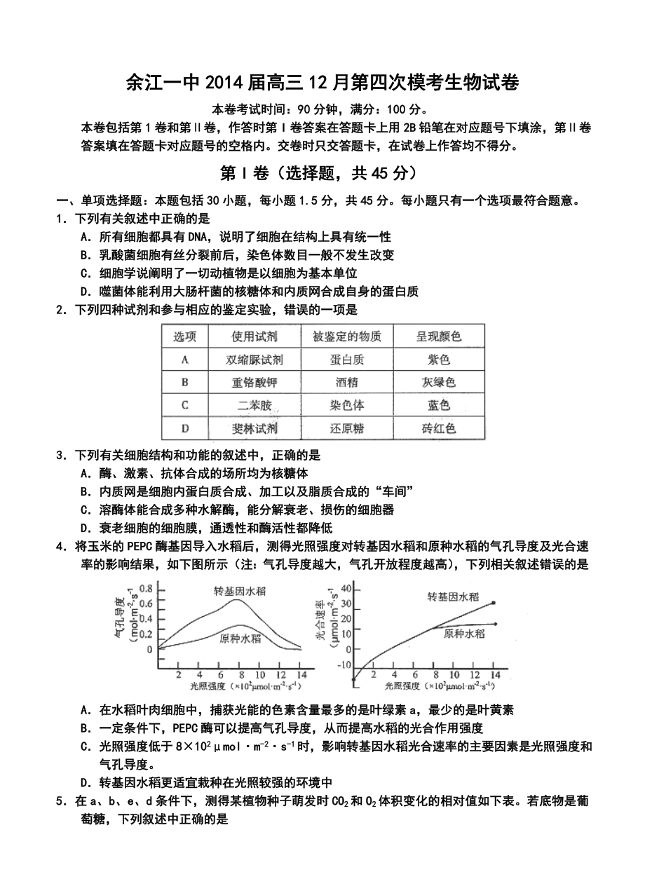 江西省余江一中高三12月第四次模拟考试生物试卷及答案.doc_第1页