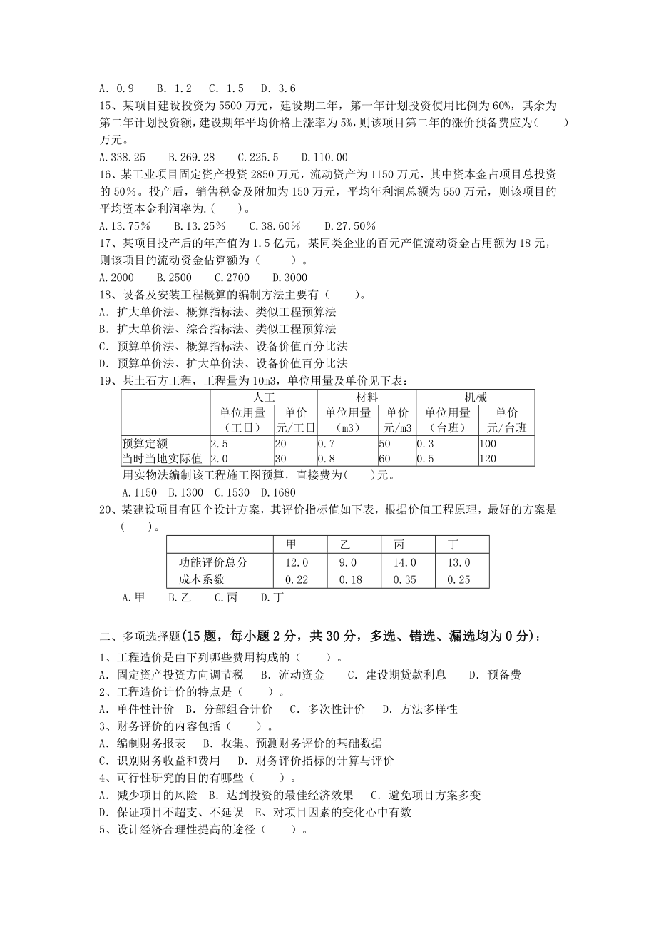 武汉工程大学吴家湾职业技术学院工程造价管理考试试卷.doc_第2页