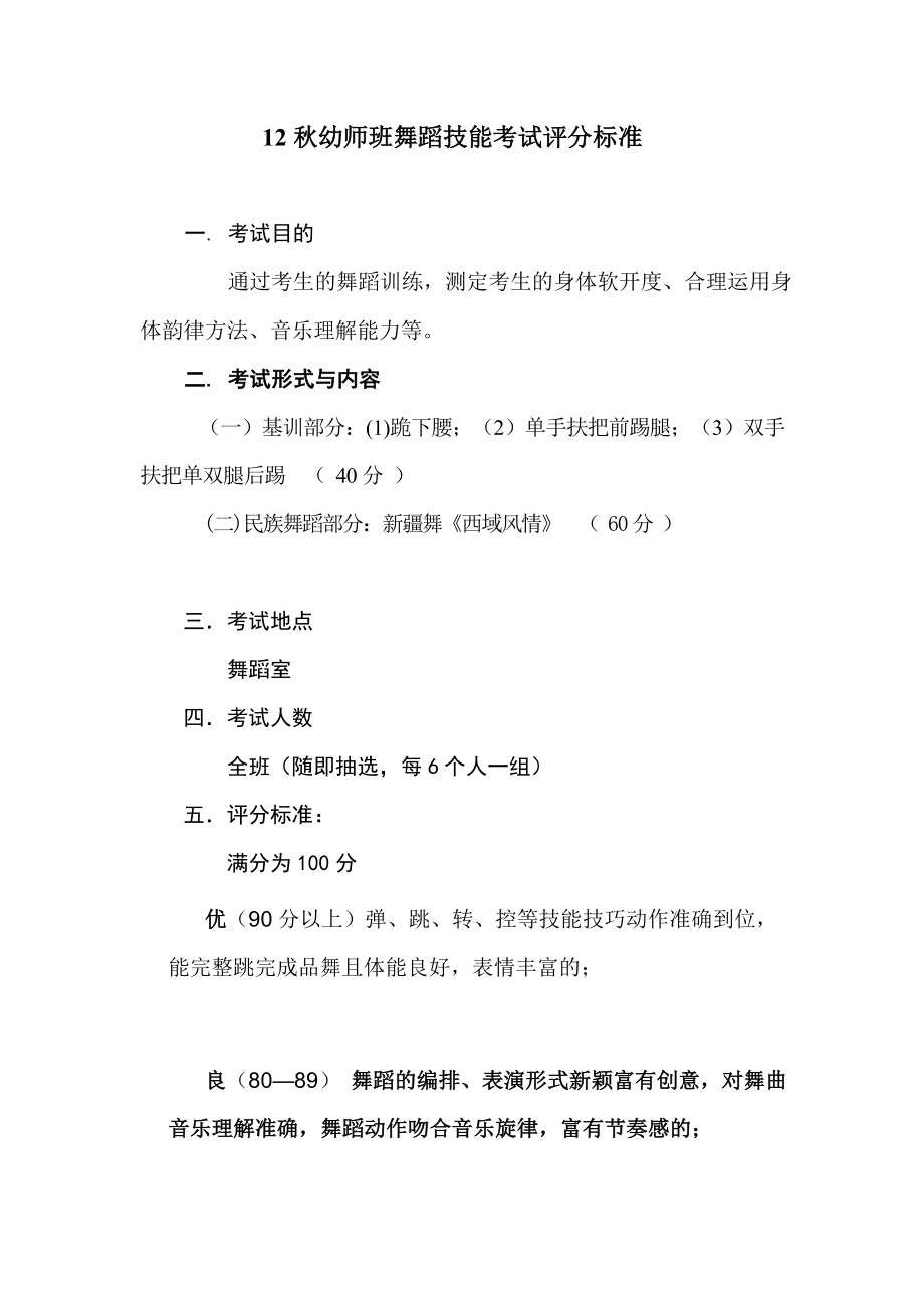 12幼师班舞蹈技能考试评分标准.doc_第1页