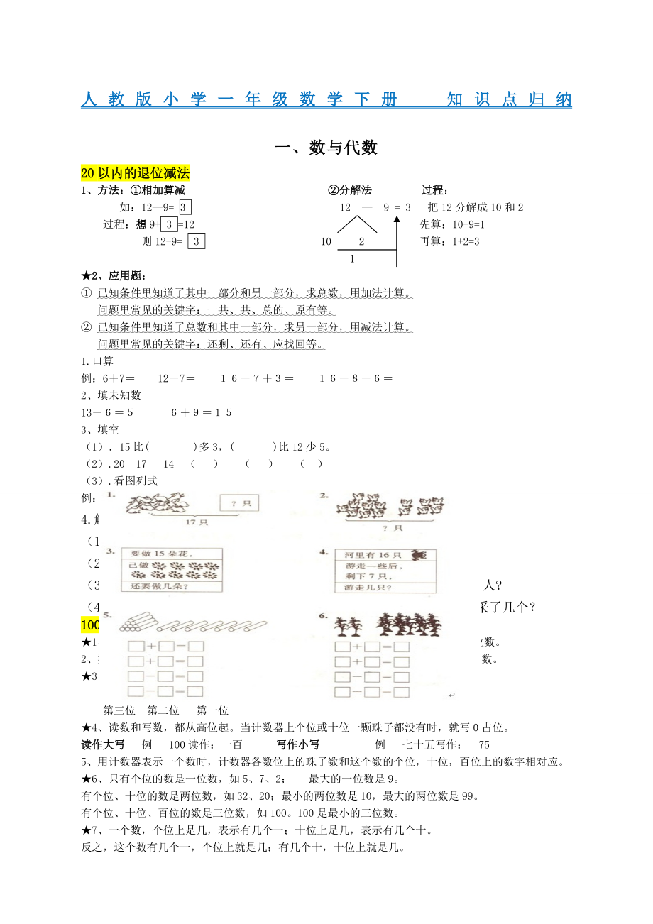 人教版小学一年级数学下册知识点总归纳复习.docx_第1页