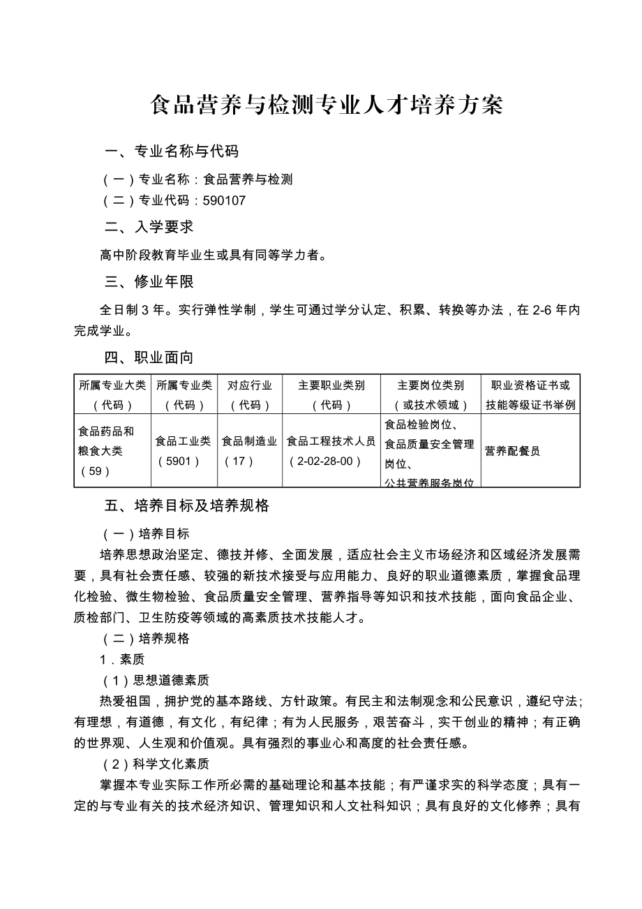 食品营养与检测专业人才培养方案.doc_第1页