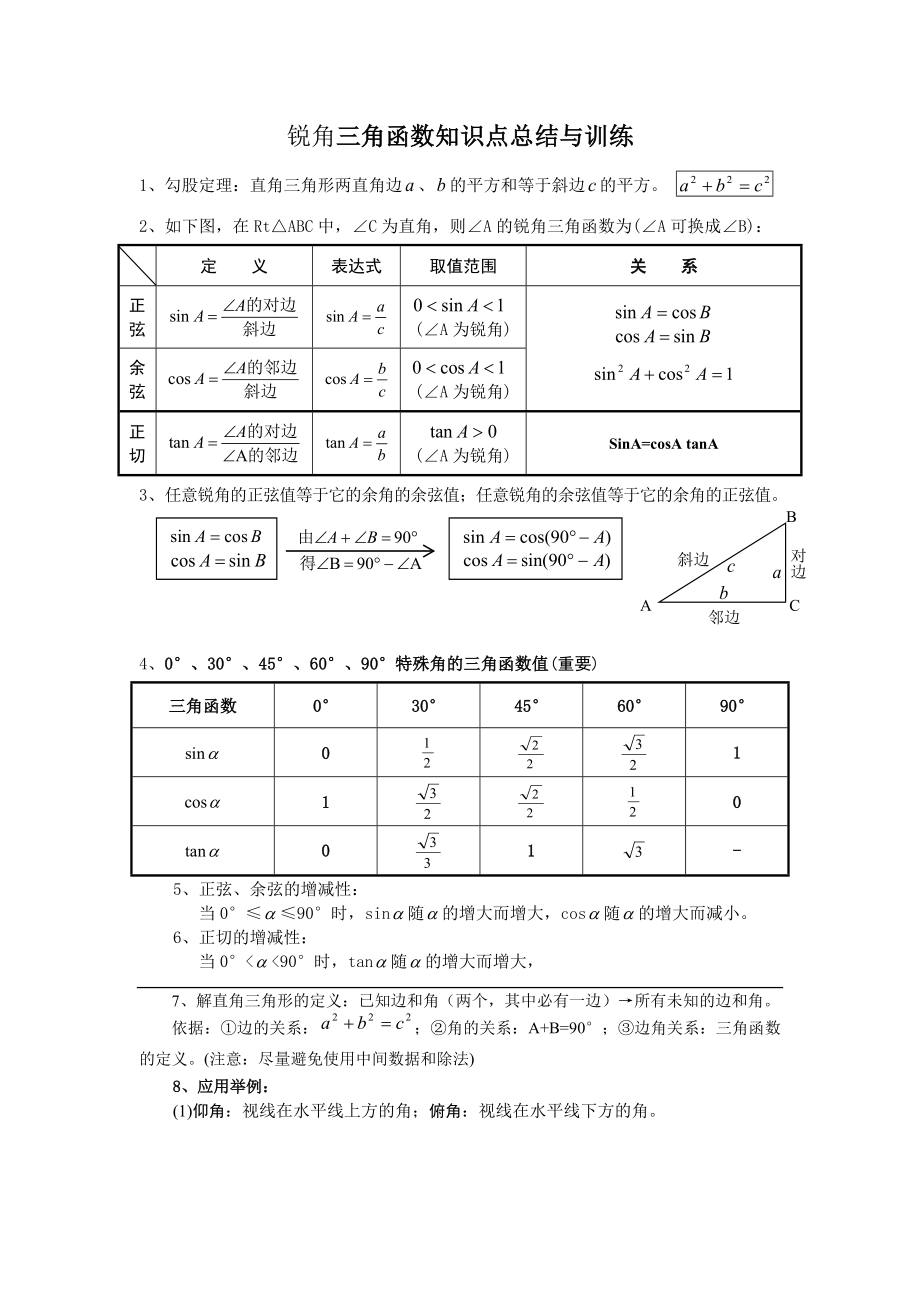 辅导八：锐角三角函数知识点总结与典型例题汇总.doc_第1页