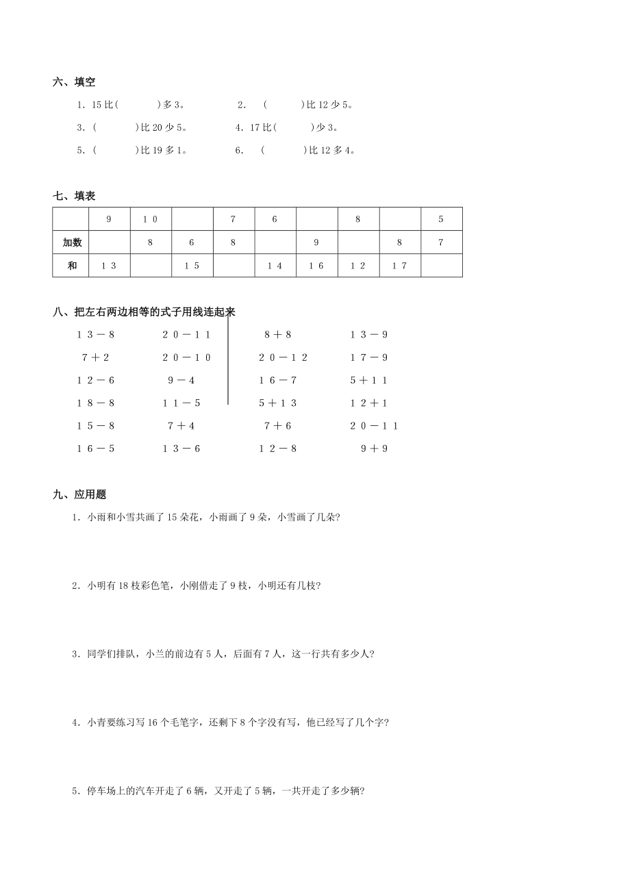 人教版小学数学一年级下册全册单元练习题库.doc_第2页