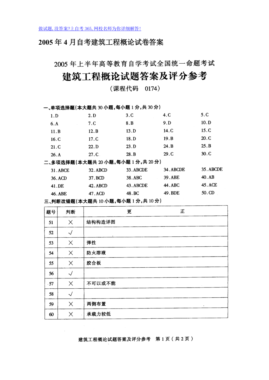 20054月自考建筑工程概论试卷答案.doc_第1页