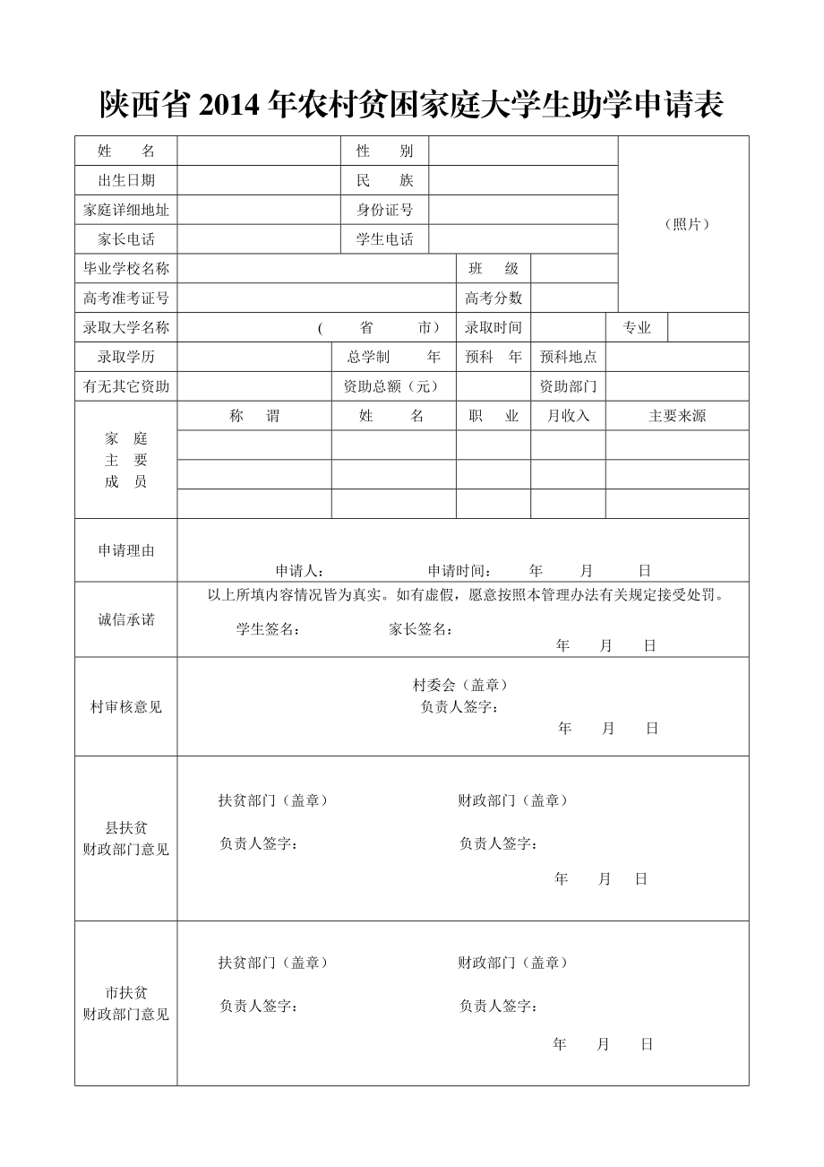 陕西省农村贫困家庭大学生助学申请表.doc_第1页