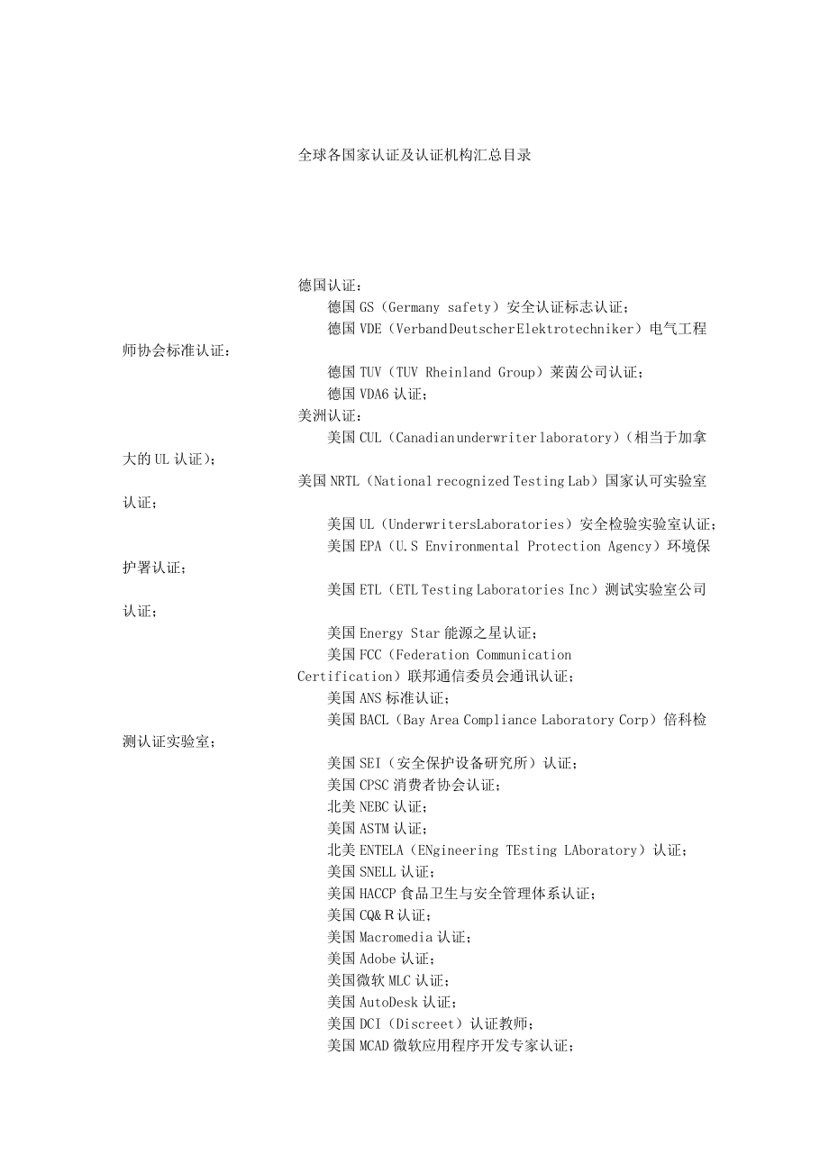 全球各国家认证及认证机构汇总目录.doc_第1页