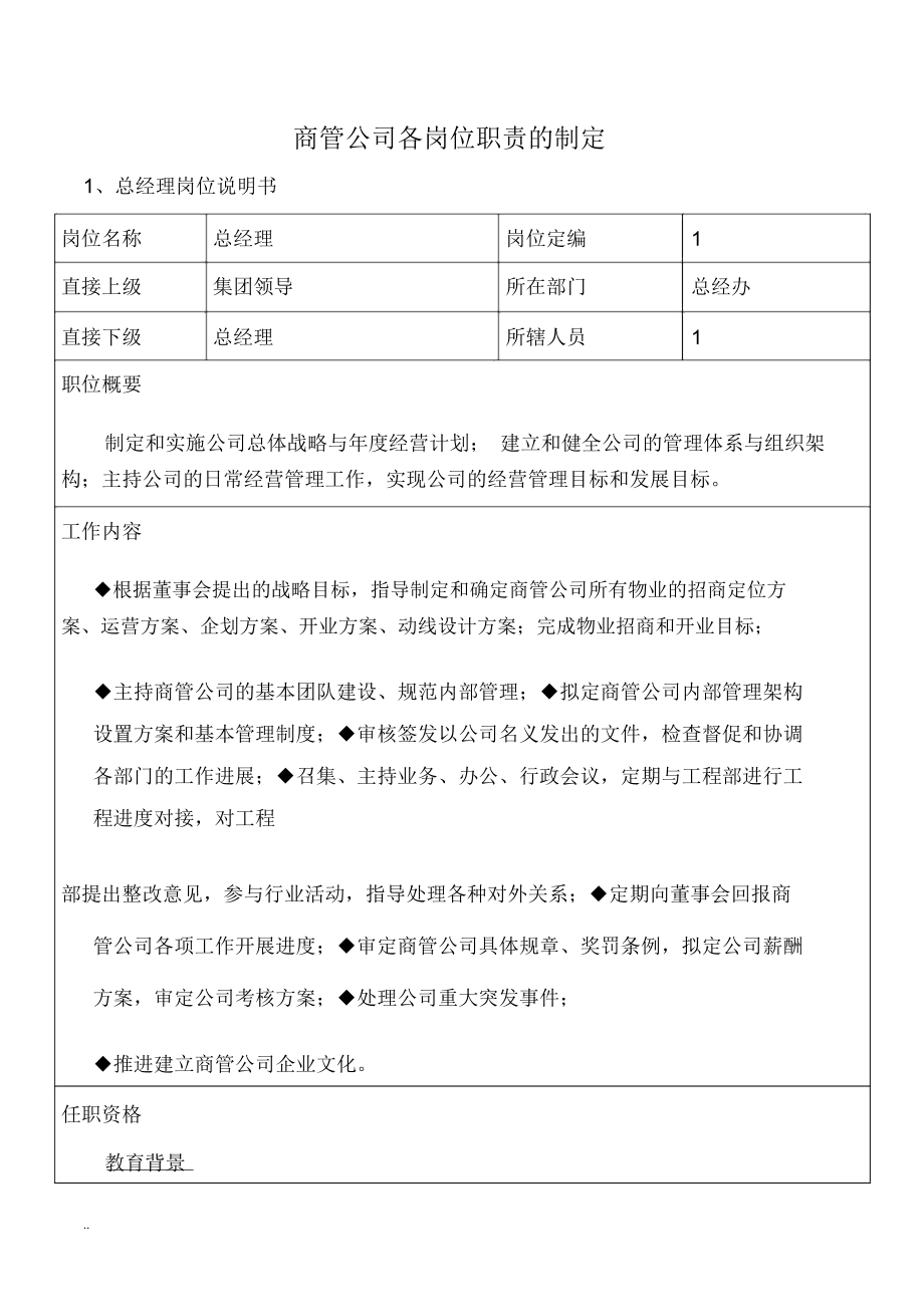 商管公司各岗位职责制定(拟稿).docx_第1页