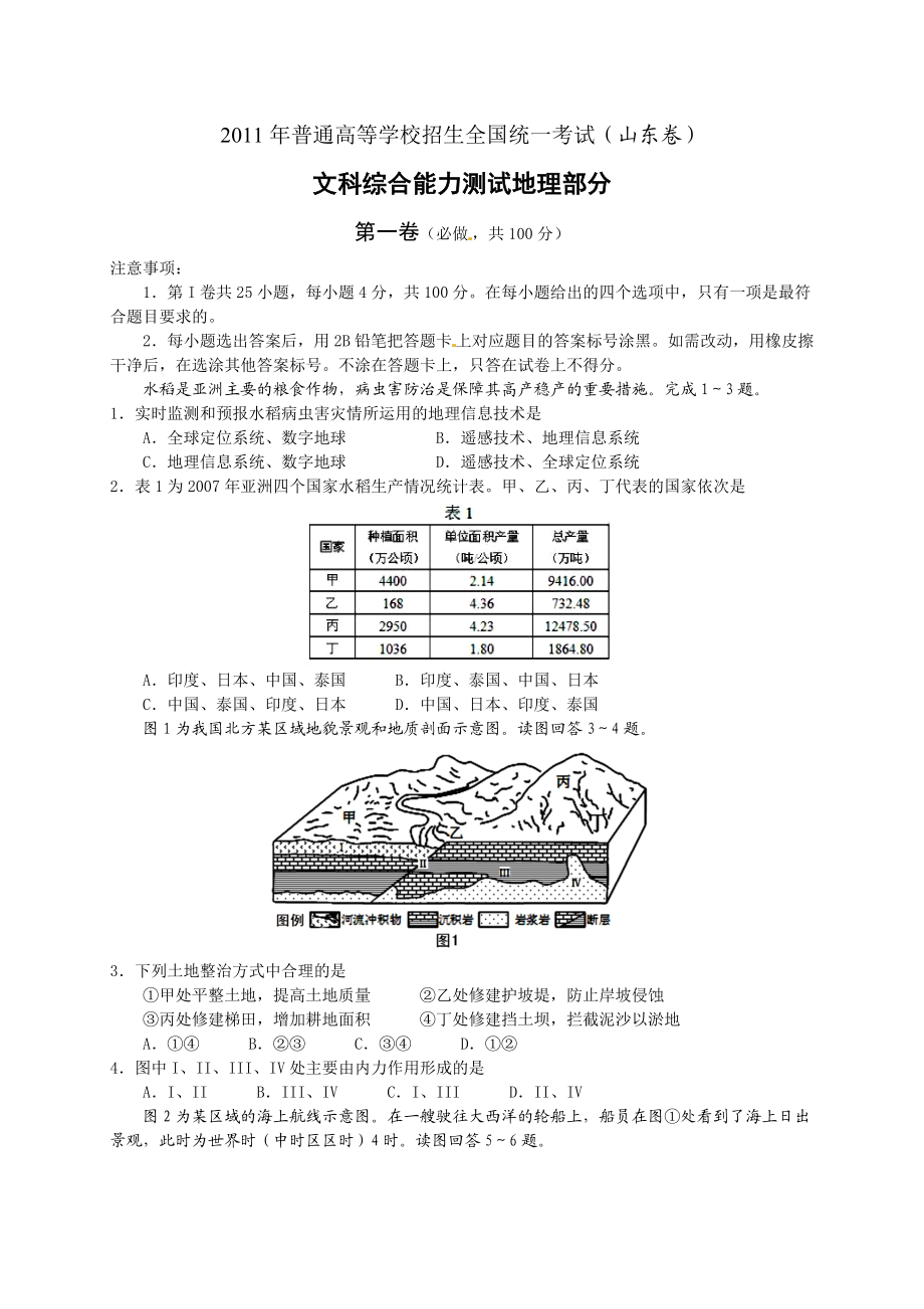 普通高等学校招生全国统一考试山东文综(精校、精排、高清版).doc_第1页