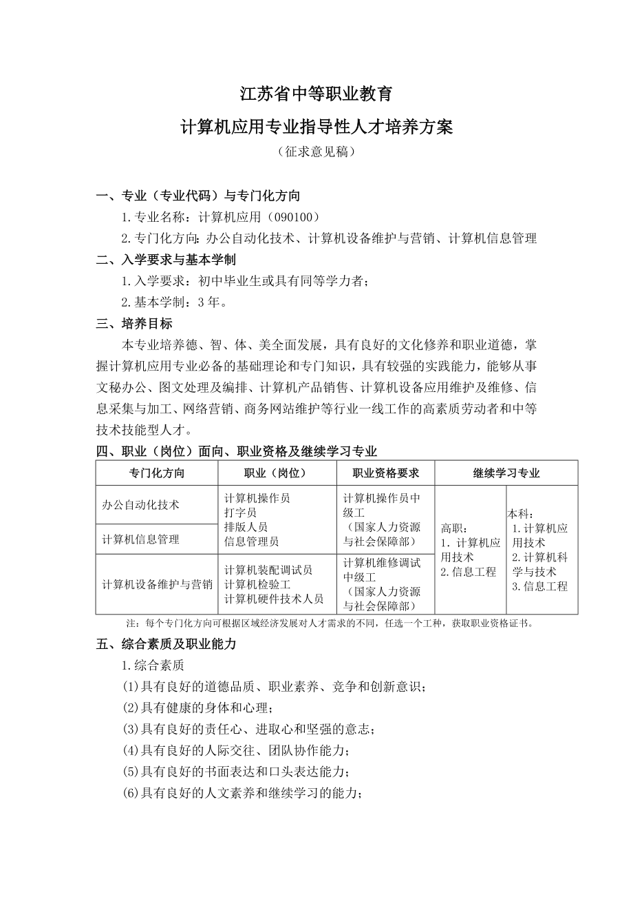 江苏省中等职业教育计算机应用专业指导性人才培养方案讨论稿.doc_第2页