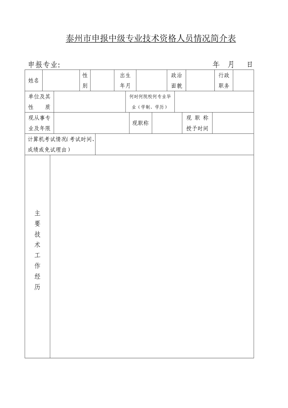 418泰州市申报中级专业技术资格人员情况简介表.doc_第1页