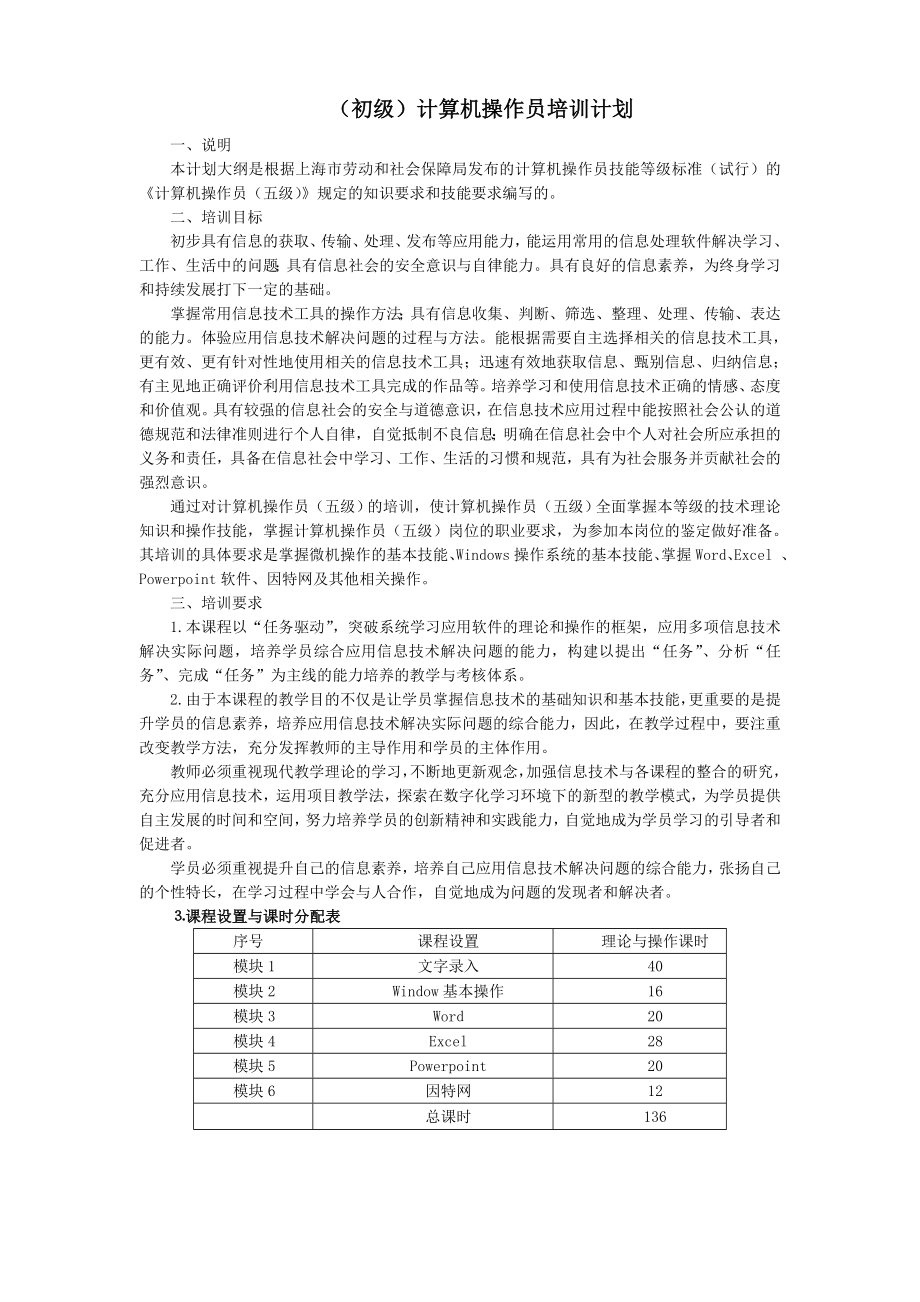 计算机操作员(初级)培训计划及大纲.doc_第1页