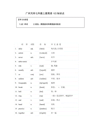 广州天河七年级上册英语-Unit-2知识点讲义(无答案).docx