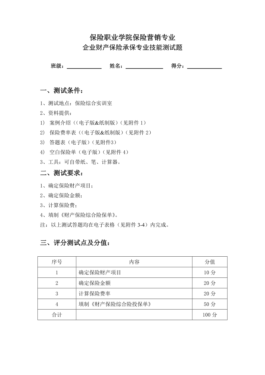 企业财产保险承保专业技能测试题.doc_第1页