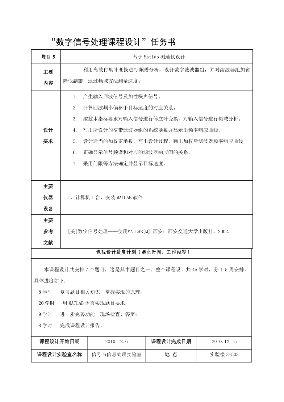 数字信号处理课程设计基于Matlab测速仪设计.doc_第1页